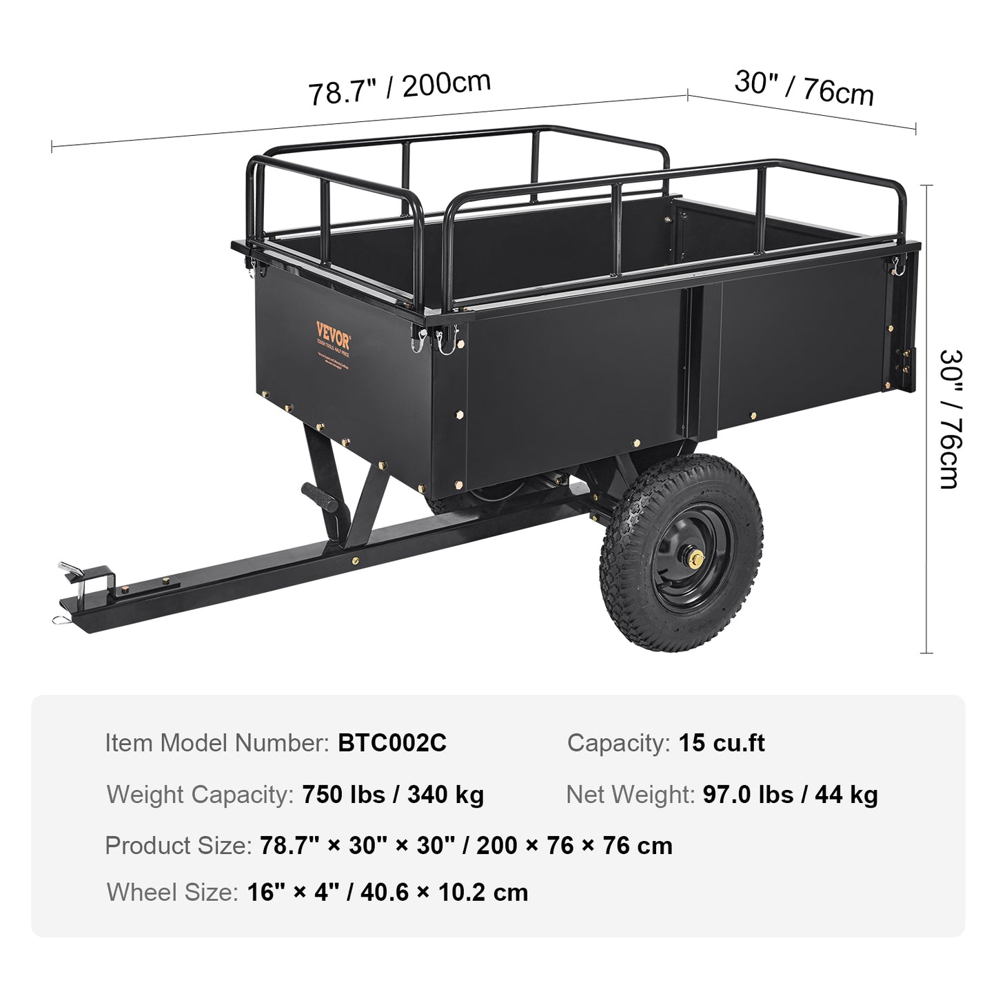 750 LB Lawn Tractor Dump Cart - 15 Cu Ft Heavy Duty Steel Trailer