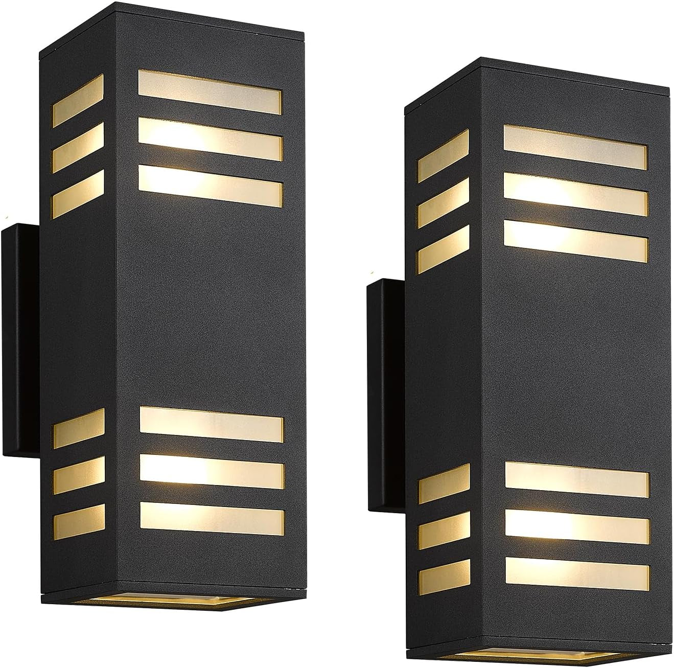 Porch Lights Outdoor Modern - IP64 Waterproof Aluminum and Tempered Glass Cover, 13" Rectangular Up/Down Wall Sconce for Porch, Garage & Patio, Exterior Lighting, Black, 2 Pack