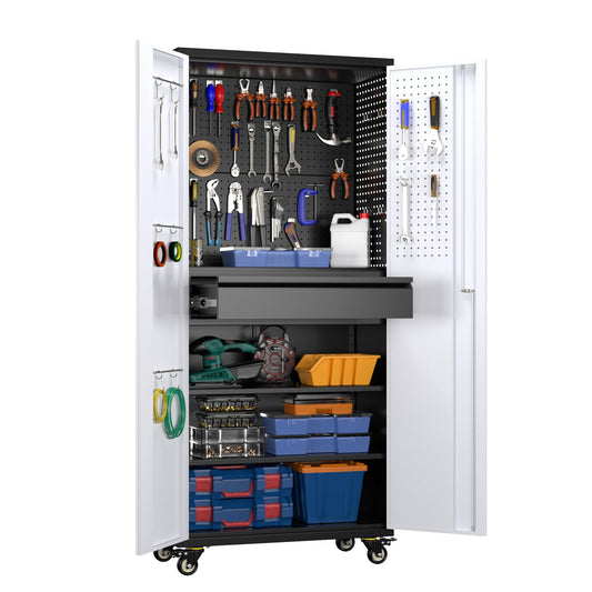 Tool cabinet with tools and equipment on a white background