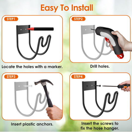 Stainless Steel Wall-Mounted Garden Hose Holder with Nozzle Slot | 2-Pack, Black