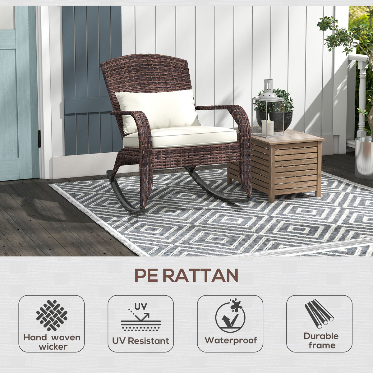 Adirondack-Style PE Rattan Rocking Chair – Cushioned, High Back, UV-Resistant, 264 lb