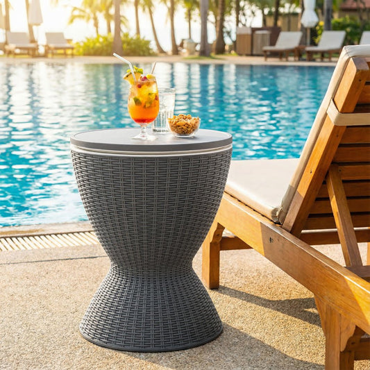 3-in-1 Rattan-Style Outdoor Cooler Bar Table – 8 Gallon, Adjustable Height, Drain Plug - Rooted Supplies