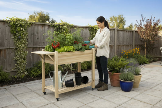 Wooden gardening cart with plants and gardening tools on a white background
