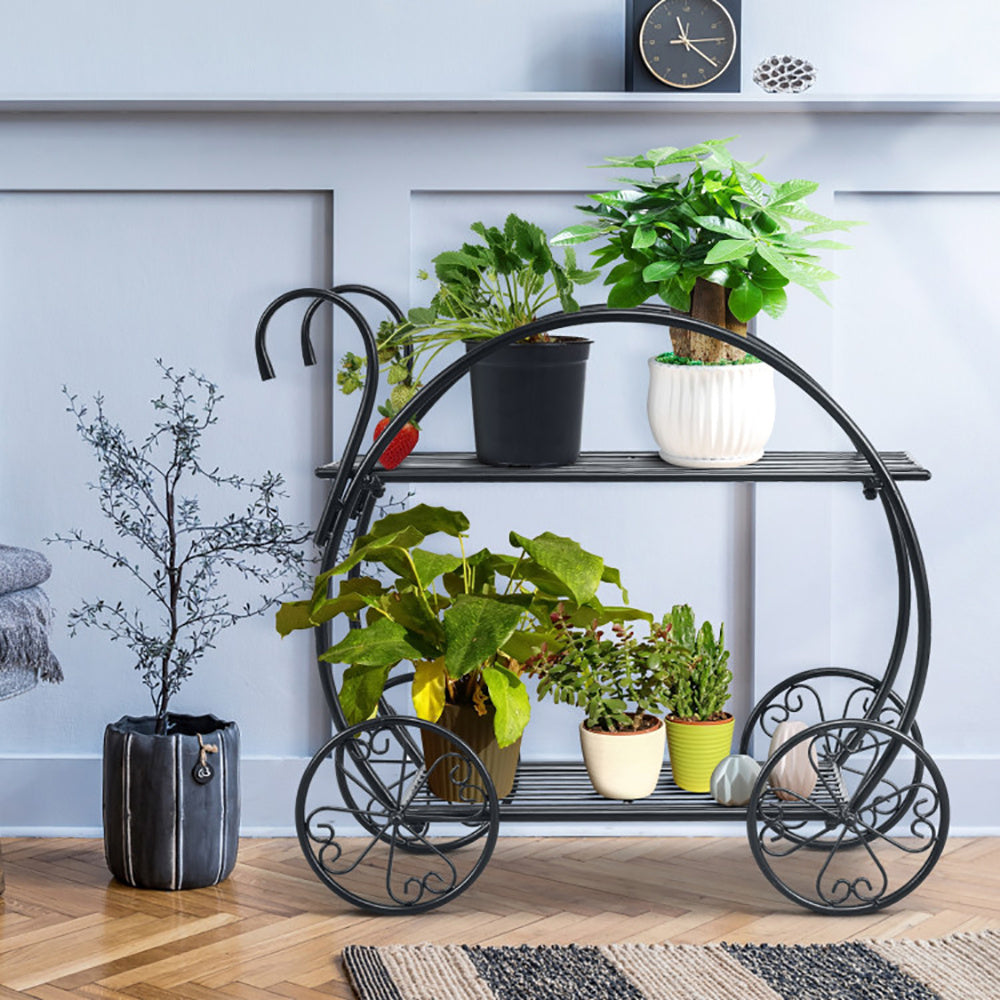 26" Black Rolling Plant Stand – 2-Tier Parisian Cart Style, Indoor & Outdoor