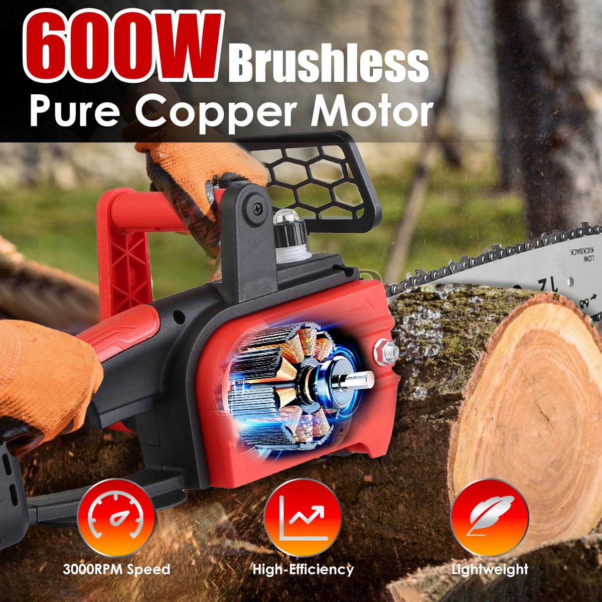 12-Inch Cordless Chainsaw, Red, 3000mAh Battery Option