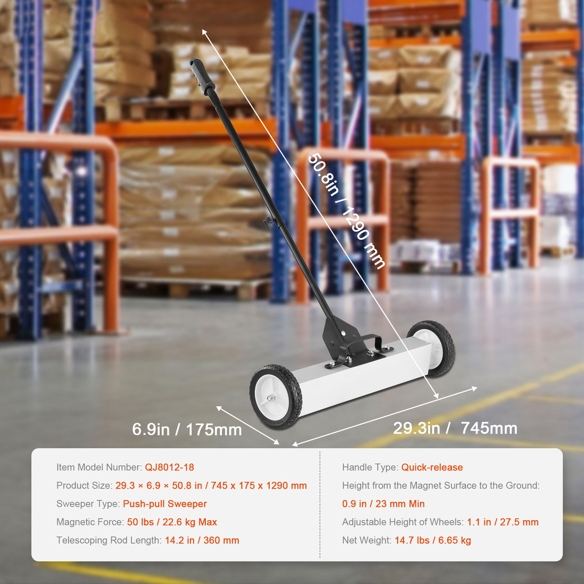 Magnetic Sweeper 50lb 24-Inch Rolling Push-Type with Telescoping Handle
