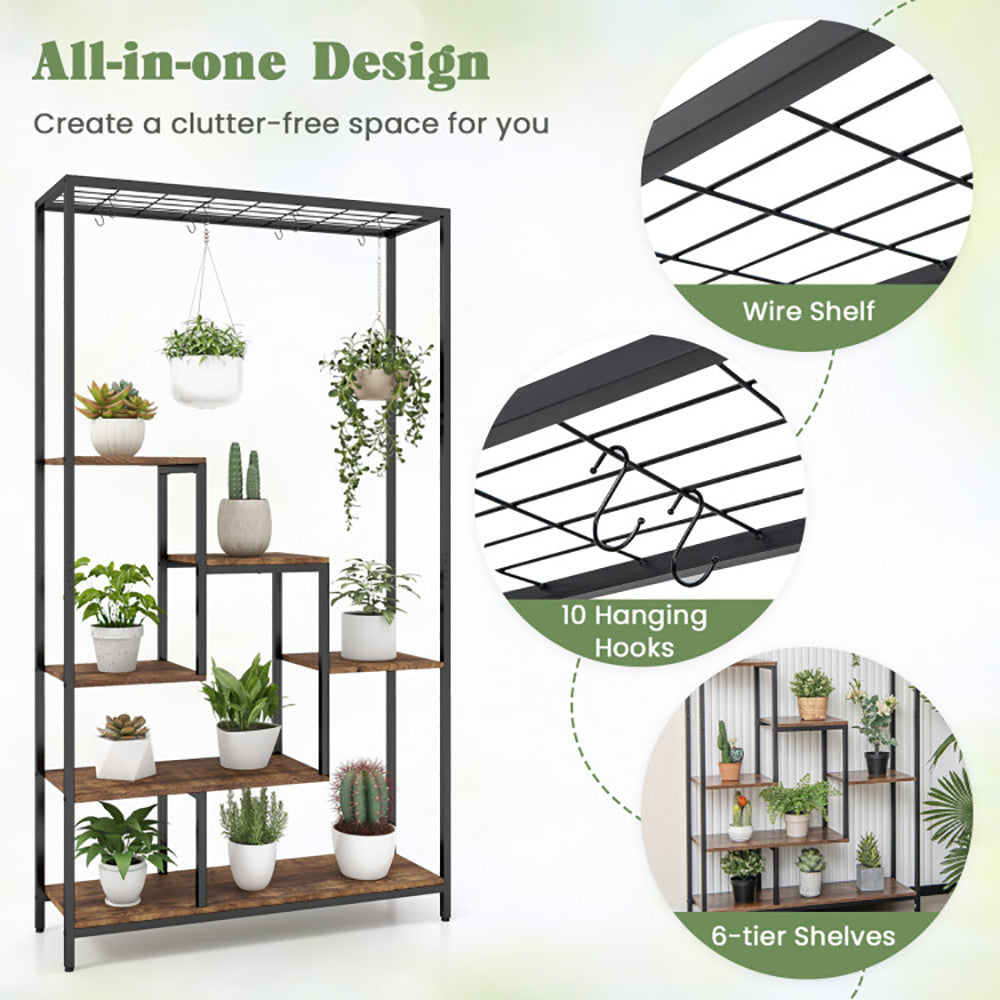 6-Tier Corner Plant Stand with Hooks Tall Metal Shelf for Indoor Plants