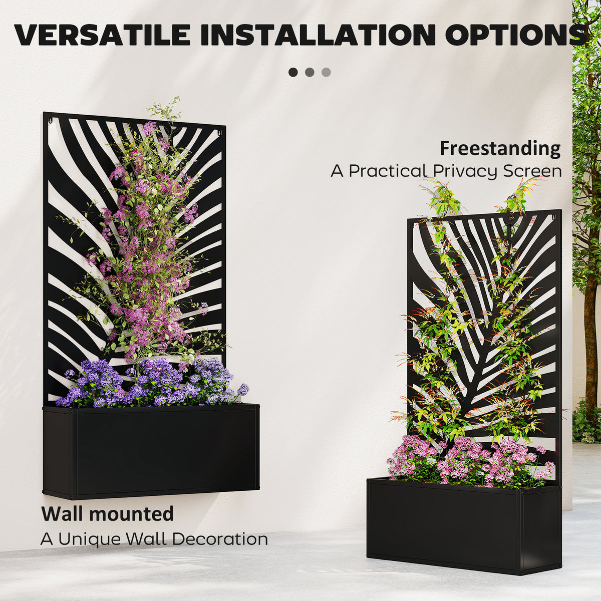 Metal Planter with Leaf-Pattern Trellis, Black
