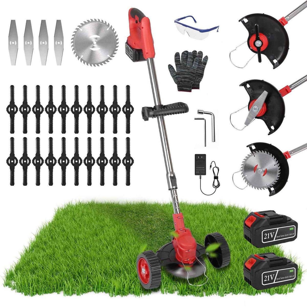 Cordless Grass Trimmer with Wheels - 800W, 3-in-1, Dual Battery