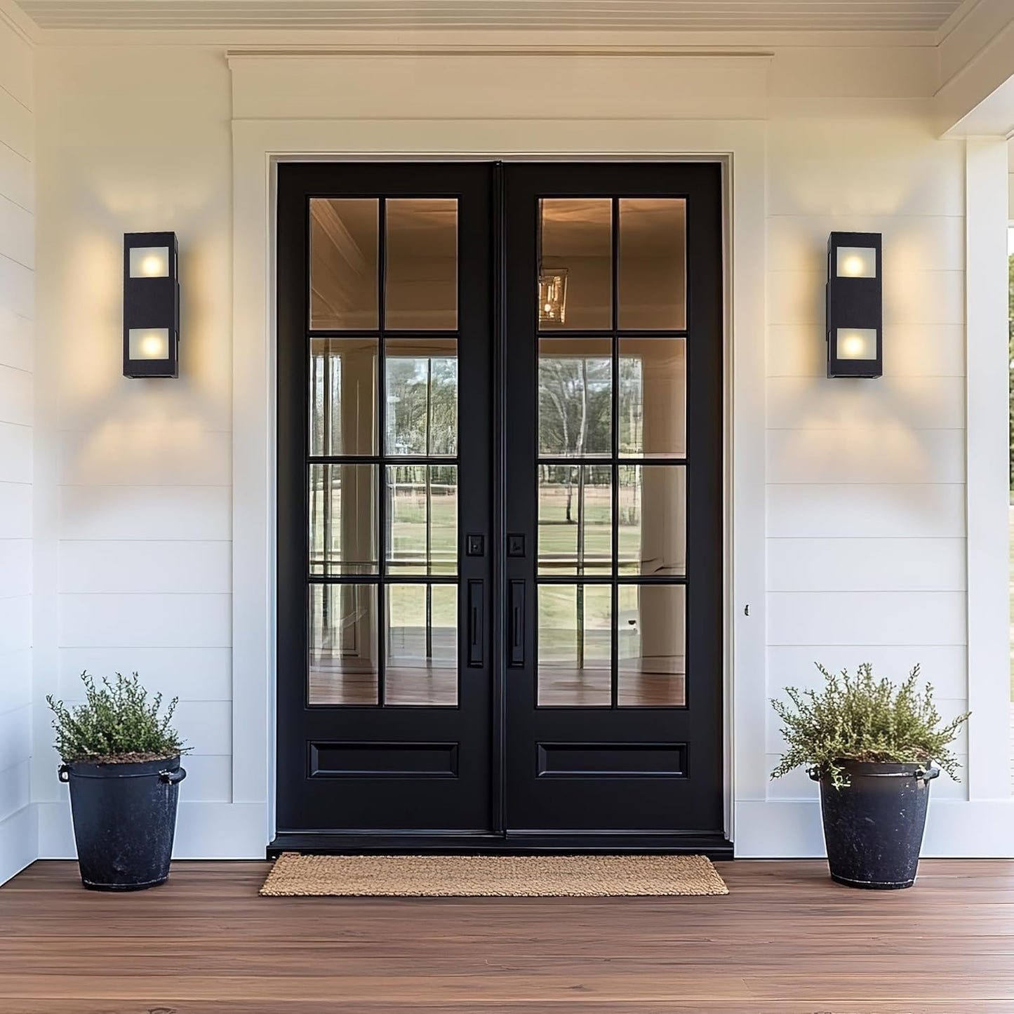 Porch Lights Outdoor Modern - IP64 Waterproof Aluminum and Tempered Glass Cover, 13" Rectangular Up/Down Wall Sconce for Porch, Garage & Patio, Exterior Lighting, Black, 2 Pack