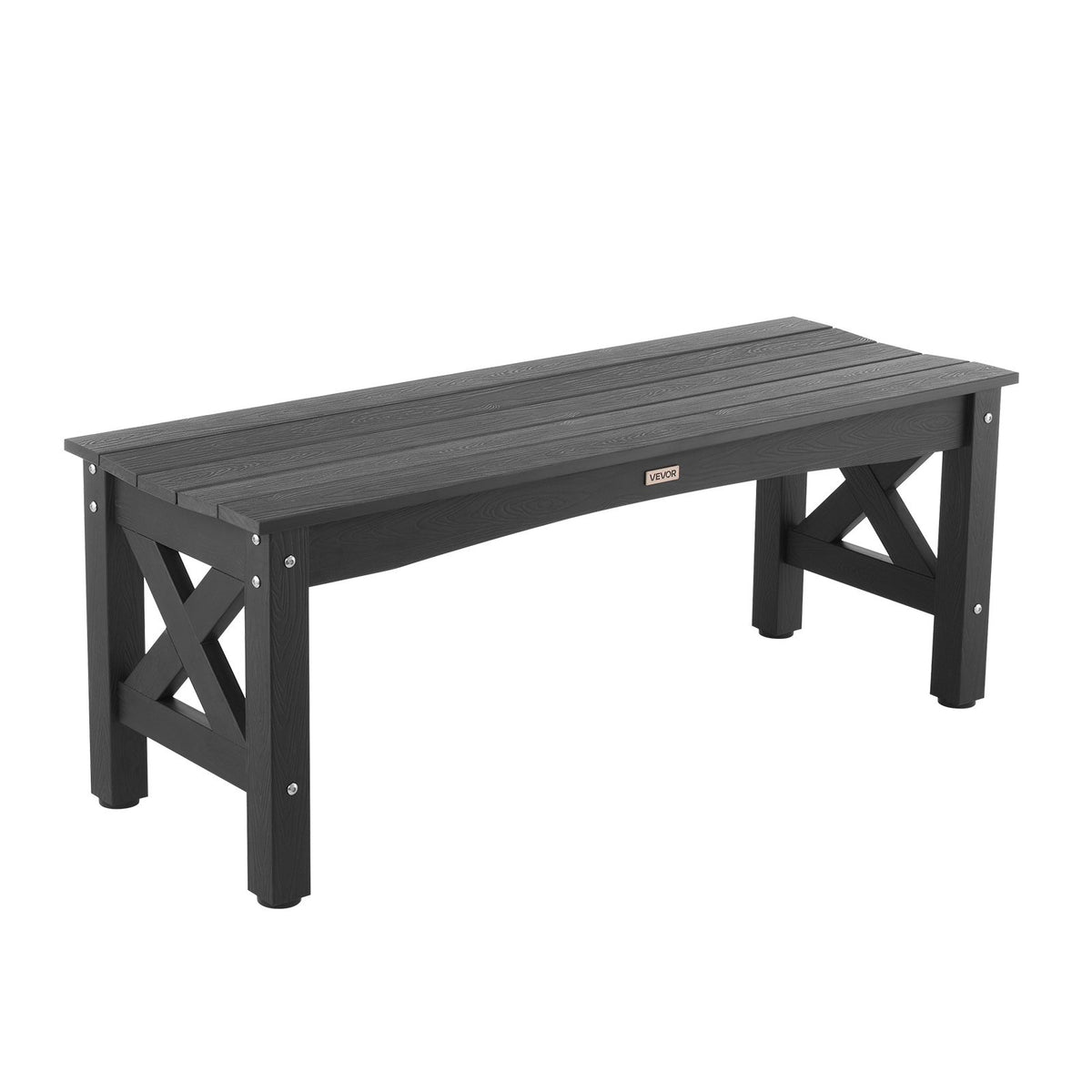 Black wooden bench with X-shaped legs on a white background
