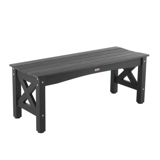 Black wooden bench with X-shaped legs on a white background