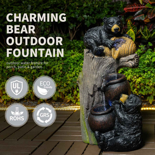 Cascading Bear Water Fountain with LED Lights, 23.6" Resin Outdoor Fountain