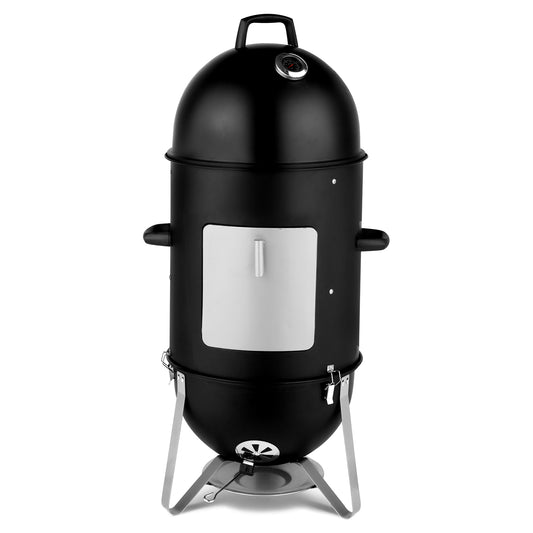 Black cylindrical smoker with a white label on a white background