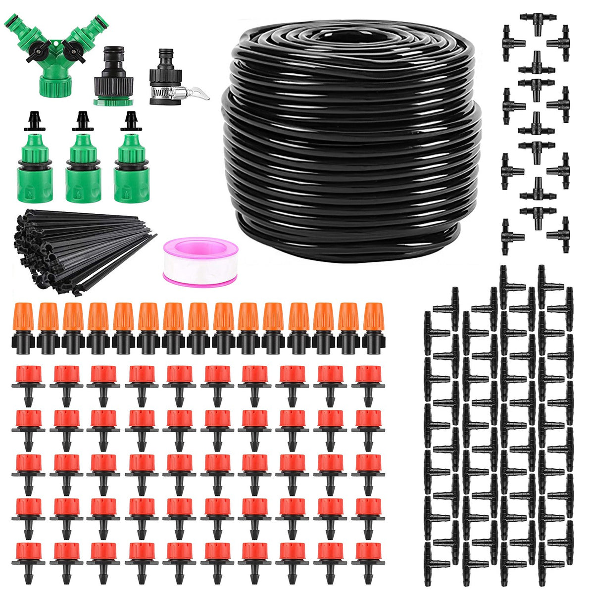 164 ft Drip Irrigation Kit, 65 Nozzles, 3-Zone, 215 sq ft