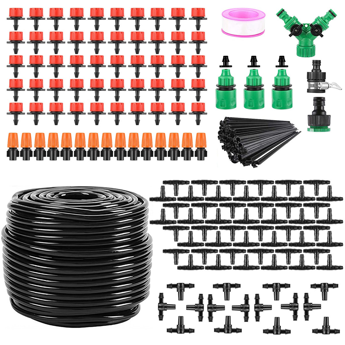 164 ft Drip Irrigation Kit, 65 Nozzles, 3-Zone, 215 sq ft