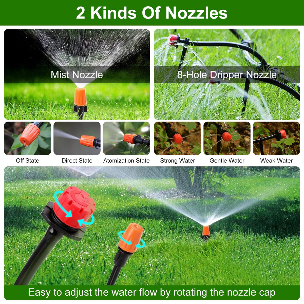 164 ft Drip Irrigation Kit, 65 Nozzles, 3-Zone, 215 sq ft