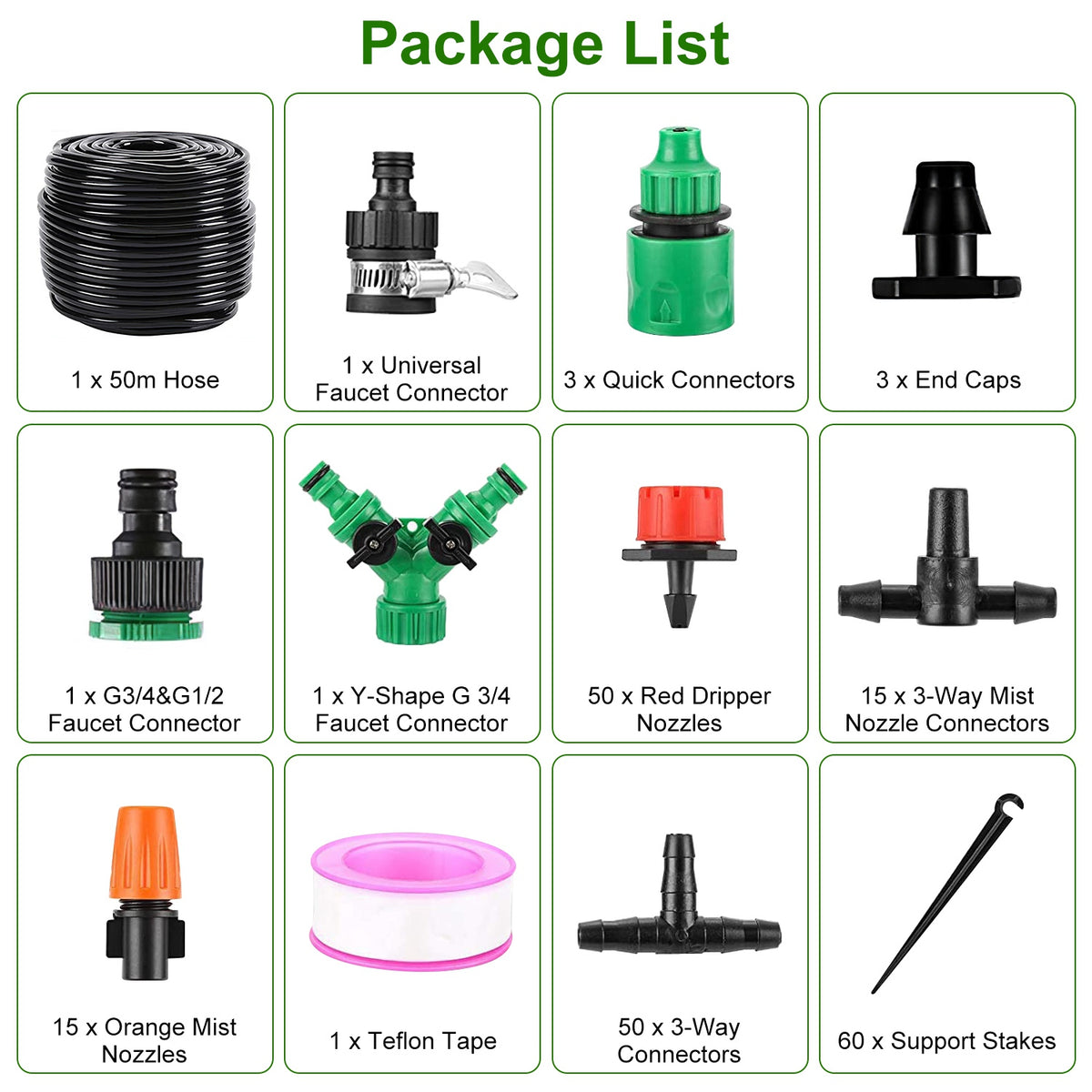 164 ft Drip Irrigation Kit, 65 Nozzles, 3-Zone, 215 sq ft