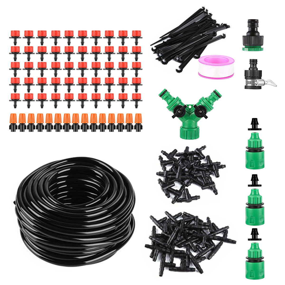 164 ft Drip Irrigation Kit, 65 Nozzles, 3-Zone, 215 sq ft