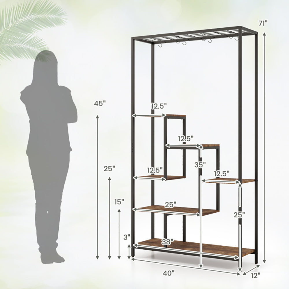 6-Tier Corner Plant Stand with Hooks Tall Metal Shelf for Indoor Plants