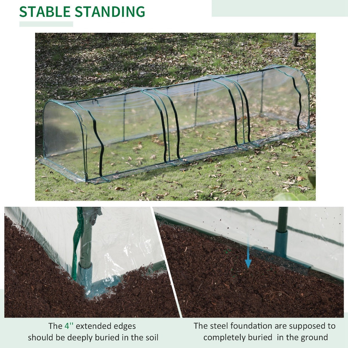 Tunnel Greenhouse 11.5 ft with PVC Cover Steel Frame and Zippered Doors