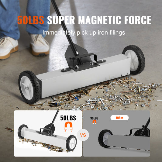 50lb Magnetic Sweeper - 24" Rolling Push-Type with Telescoping Handle