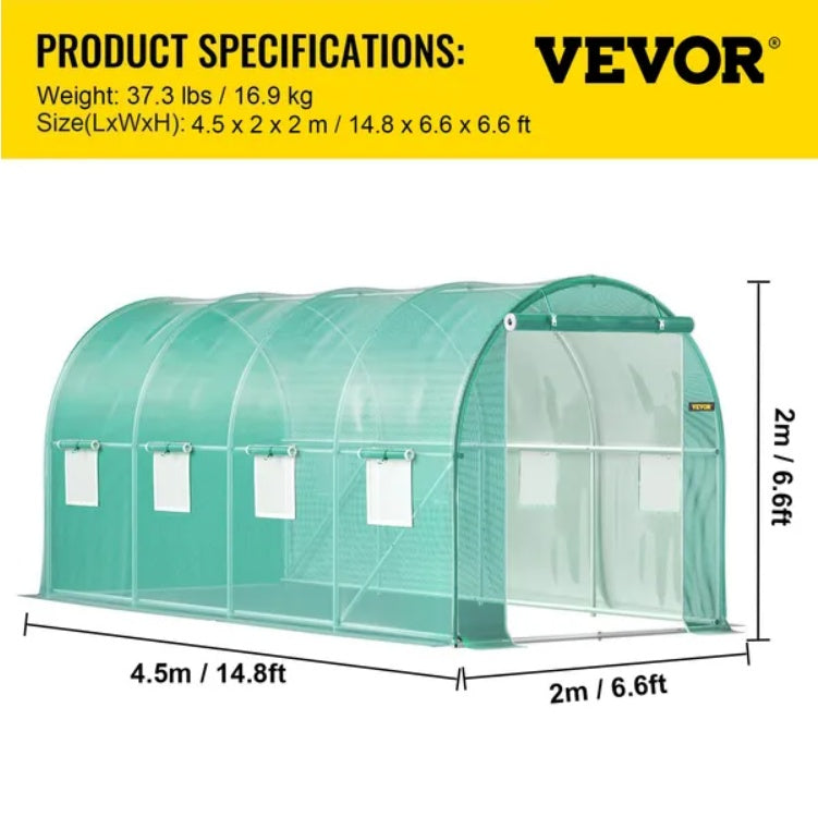 Walk-In Tunnel Greenhouse with 8 Roll-Up Windows, 14.8 ft