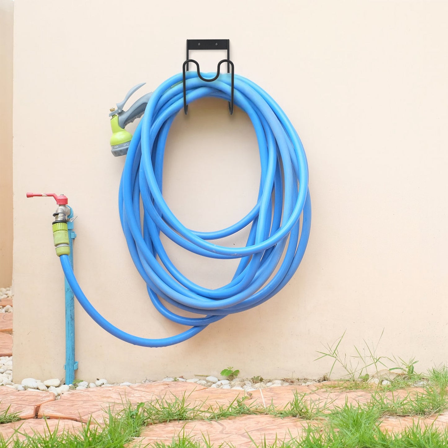 Stainless Steel Wall-Mounted Garden Hose Holder with Nozzle Slot | 2-Pack, Black