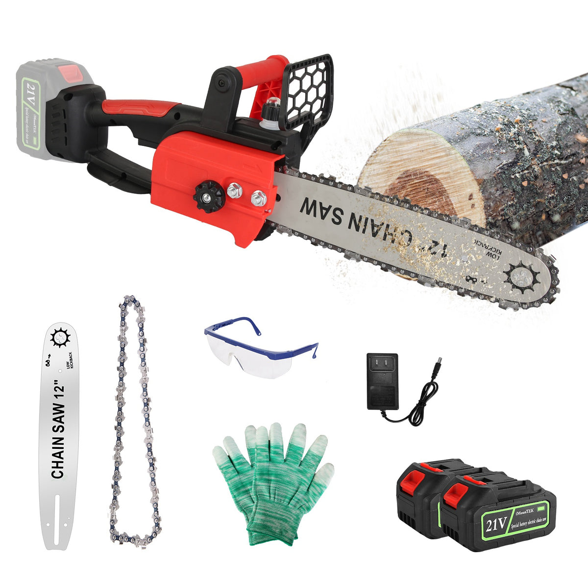 12-Inch Cordless Chainsaw, Red, 3000mAh Battery Option