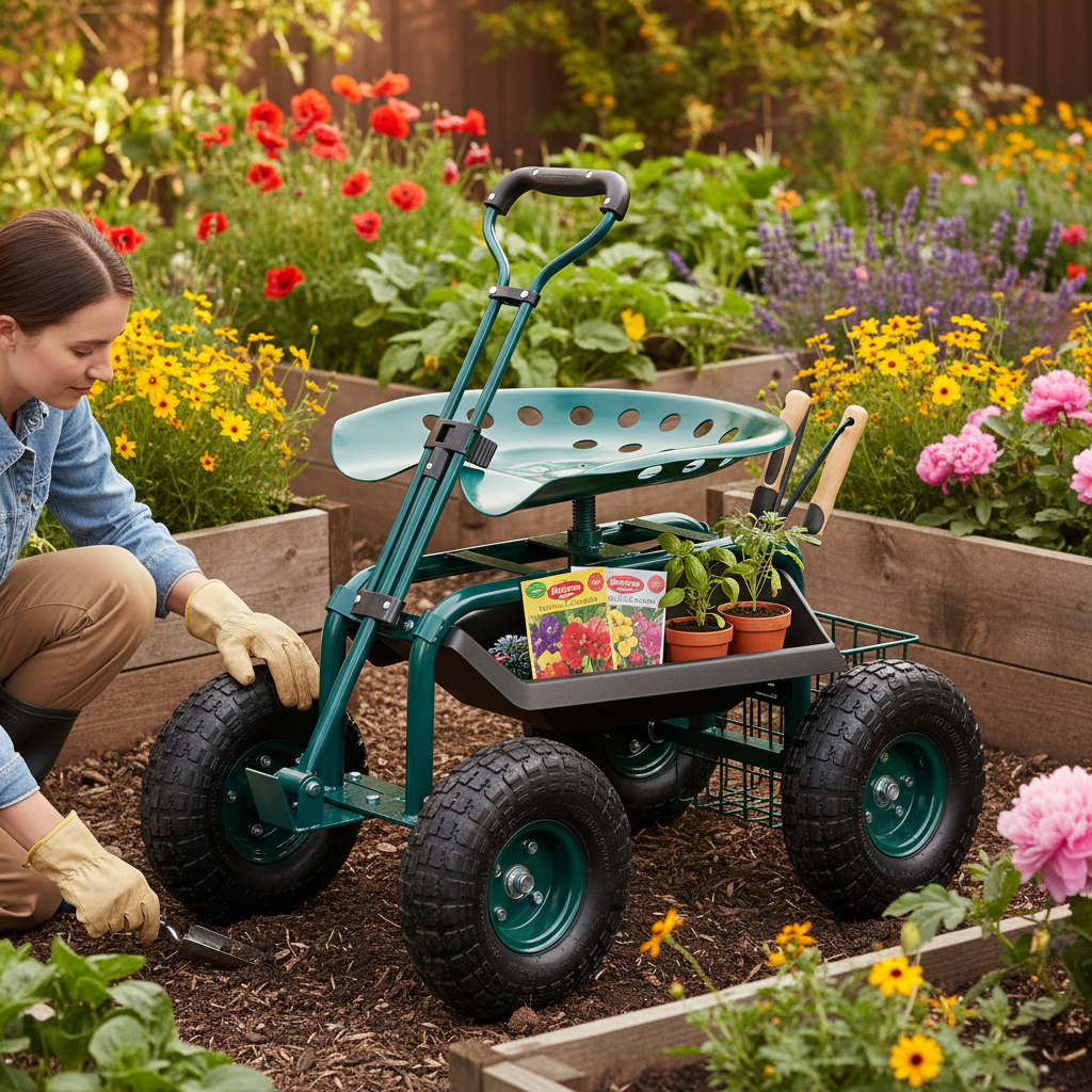 Person using a garden cart with plants and gardening tools in a garden setting