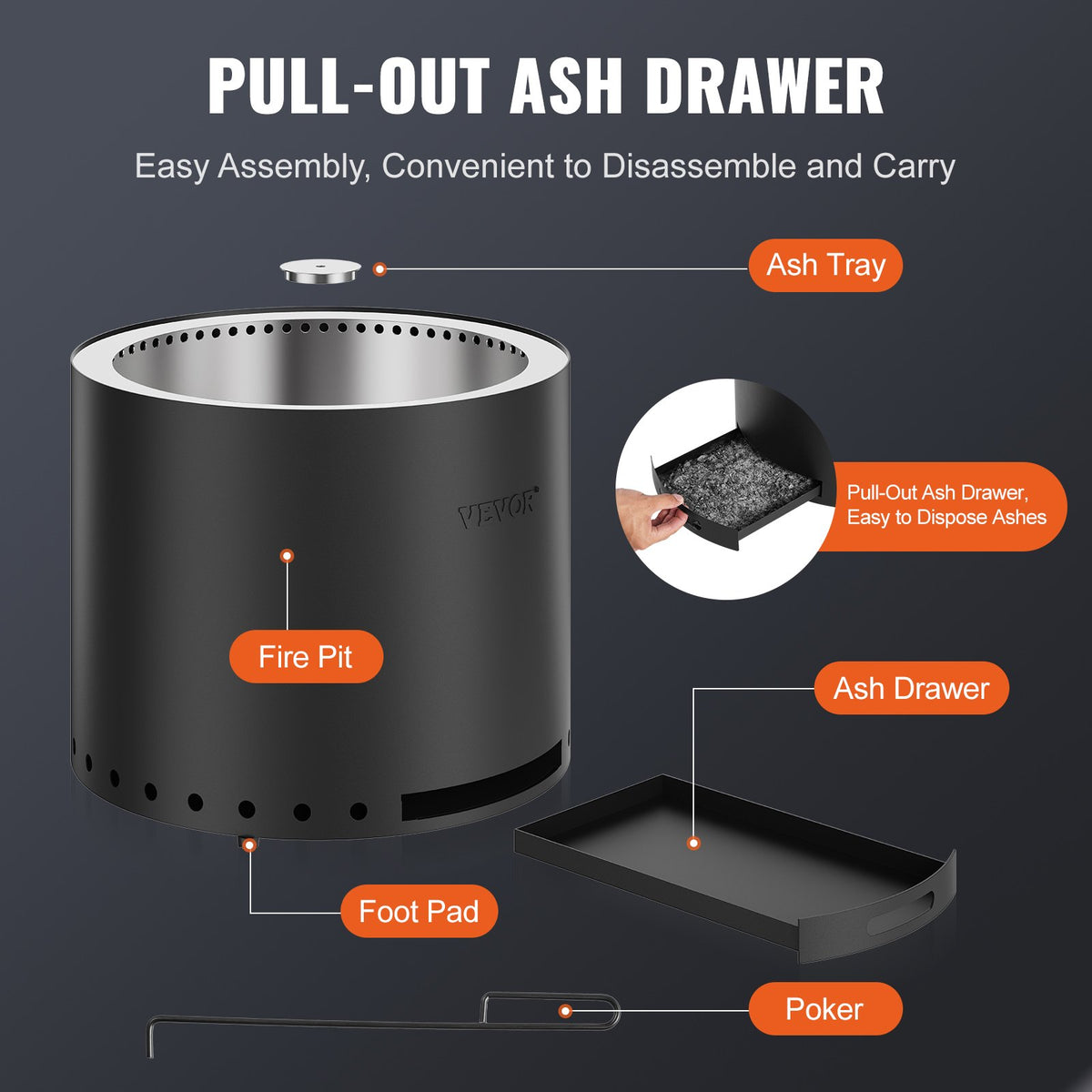 Smokeless Fire Pit with Pull-Out Ash Drawer – 15 in. Double-Wall, Black