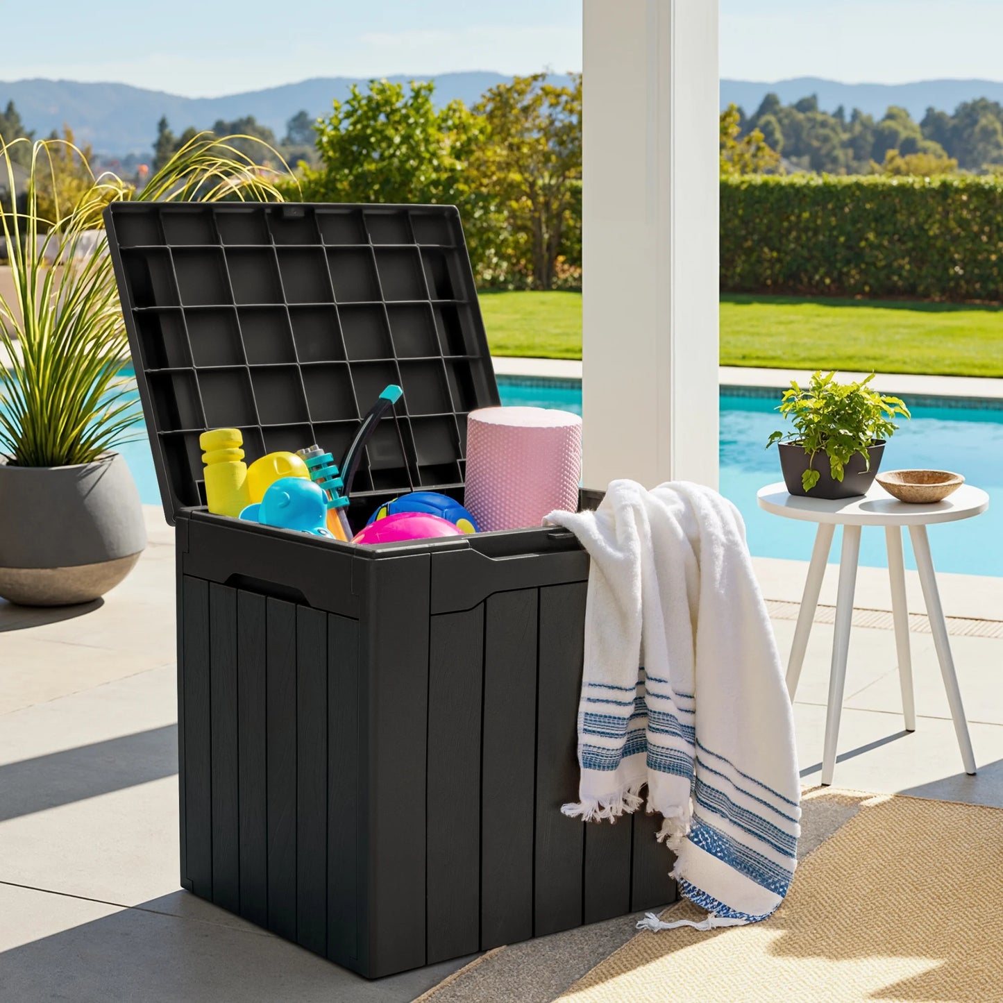 31 Gallon Outdoor Deck Box in Resin with Seat, Black