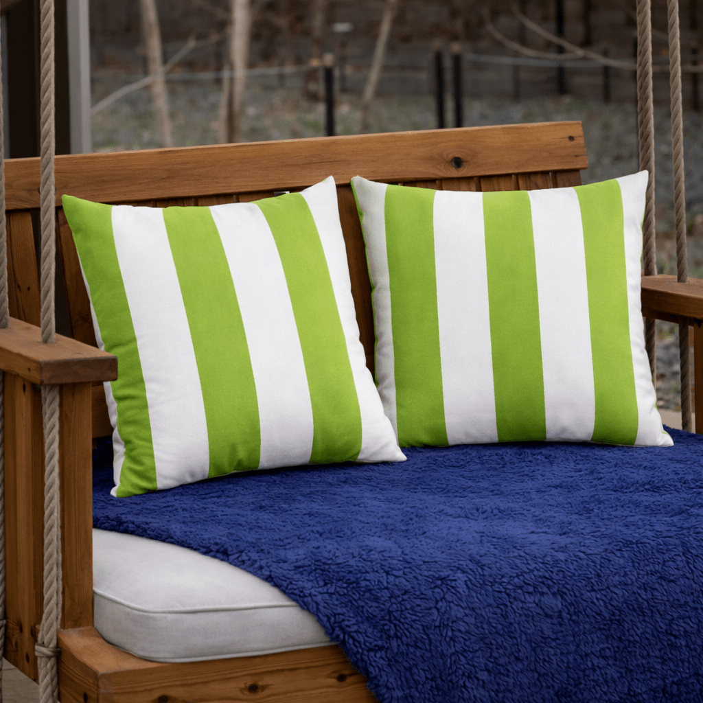 18x18 in. Waterproof Outdoor Throw Pillows for Patio, Porch, and Poolside Seating, Wide Stripe, Set of 2, Green or Yellow - Rooted Supplies