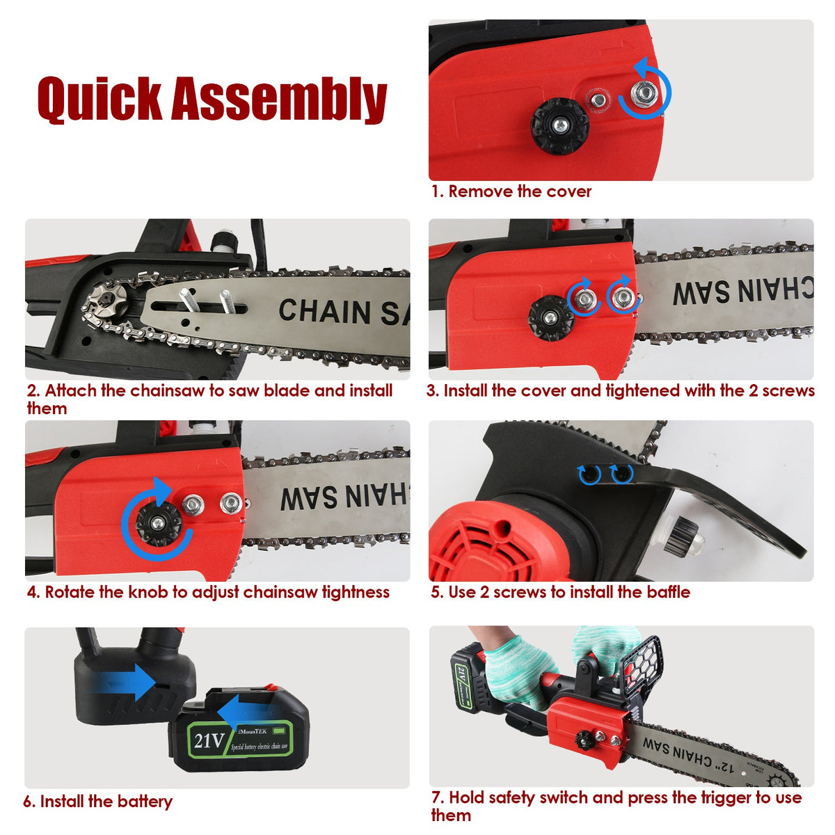 12-Inch Cordless Chainsaw, Red, 3000mAh Battery Option