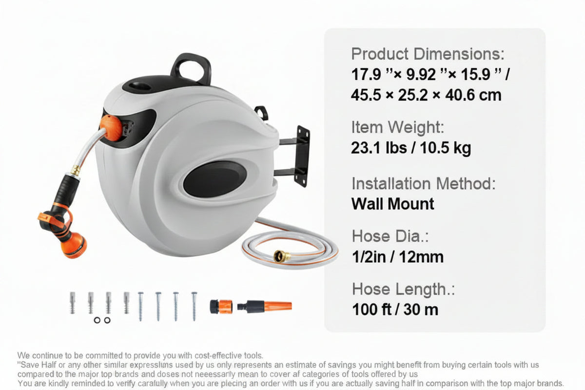 Retractable Hose Reel 100ft Auto Rewind Wall Mount with Nozzle