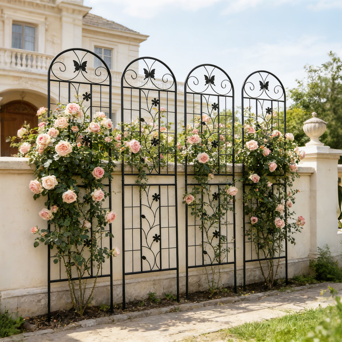 86.7 in. Garden Trellis Set of 4 – Galvanized Iron, Butterfly & Floral Motif, Black - Rooted Supplies