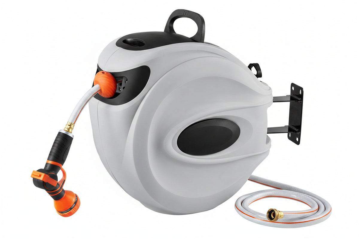 Vevor hose reel with hose and nozzle on a white background