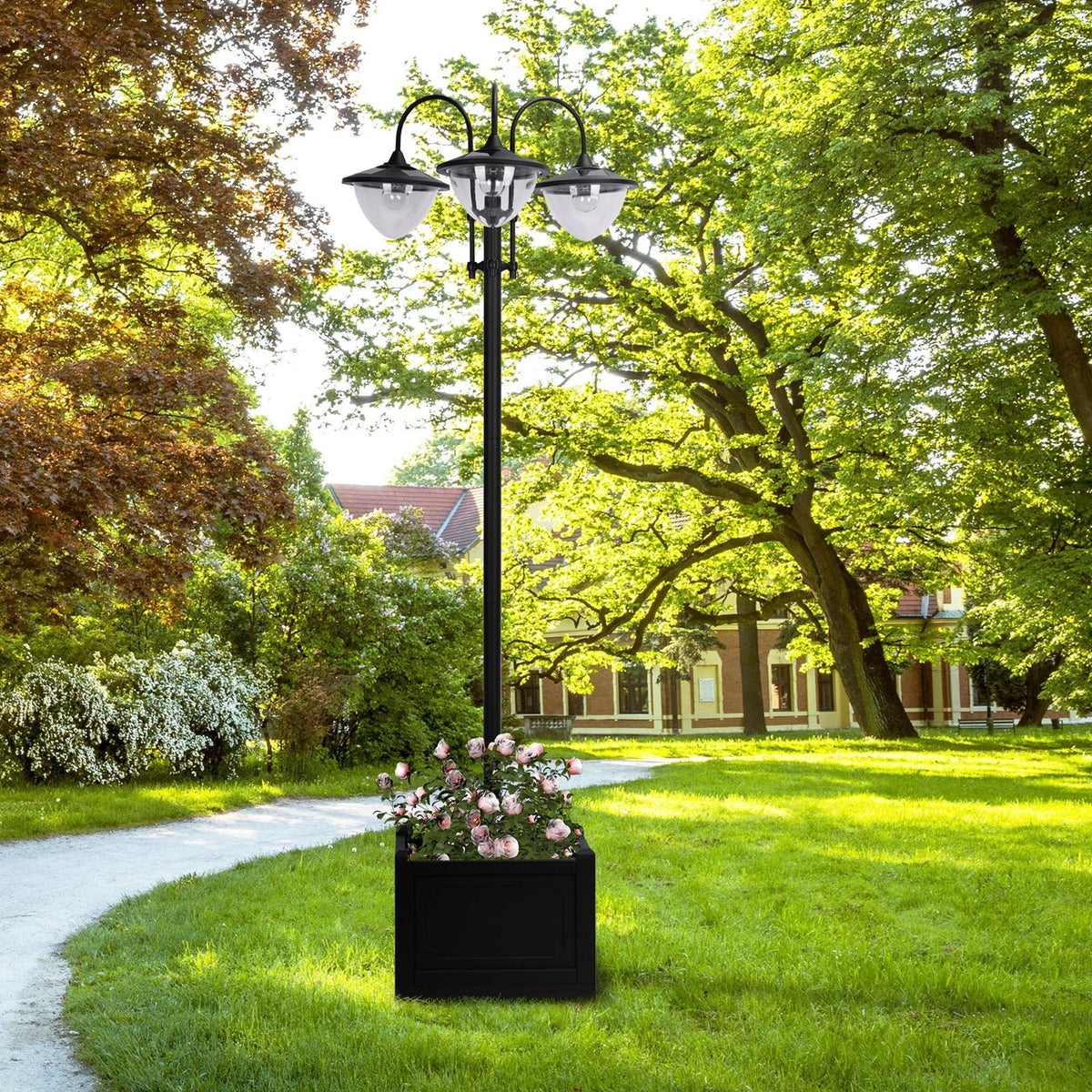 3-Head Solar Lamp Post with Planter, 74.5 In, Black