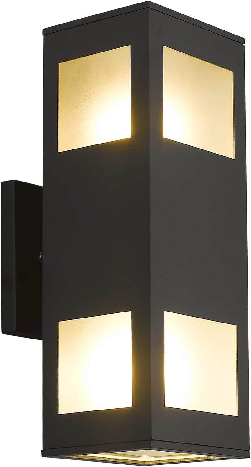Porch Lights Outdoor Modern - IP64 Waterproof Aluminum and Tempered Glass Cover, 13" Rectangular Up/Down Wall Sconce for Porch, Garage & Patio, Exterior Lighting, Black, 2 Pack