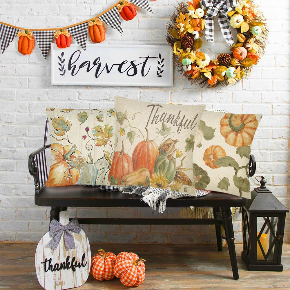Thanksgiving Fall Throw Pillow Covers Set - 4 Pack Pumpkin Watercolor 18x18