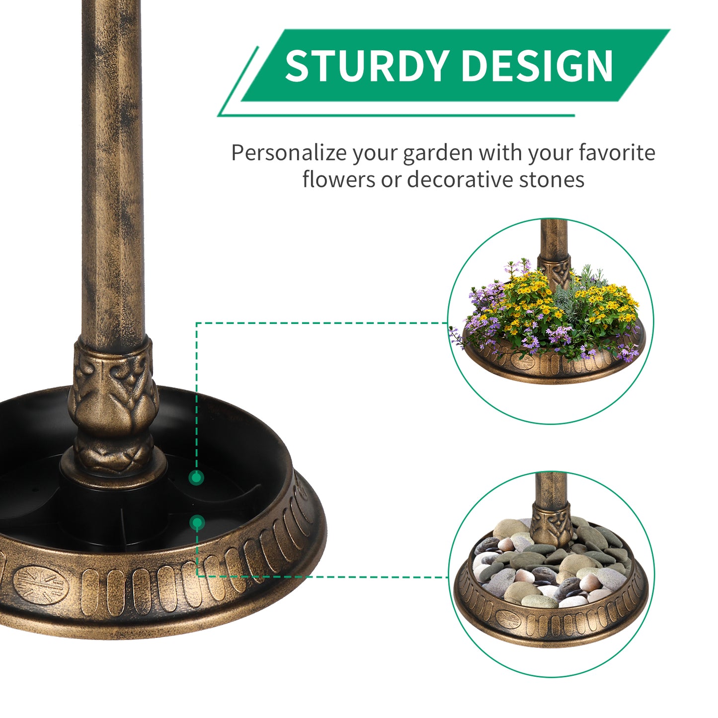 Solar Lighted Bird Bath with Antique Bronze Finish | Weather-Resistant, 42" Tall