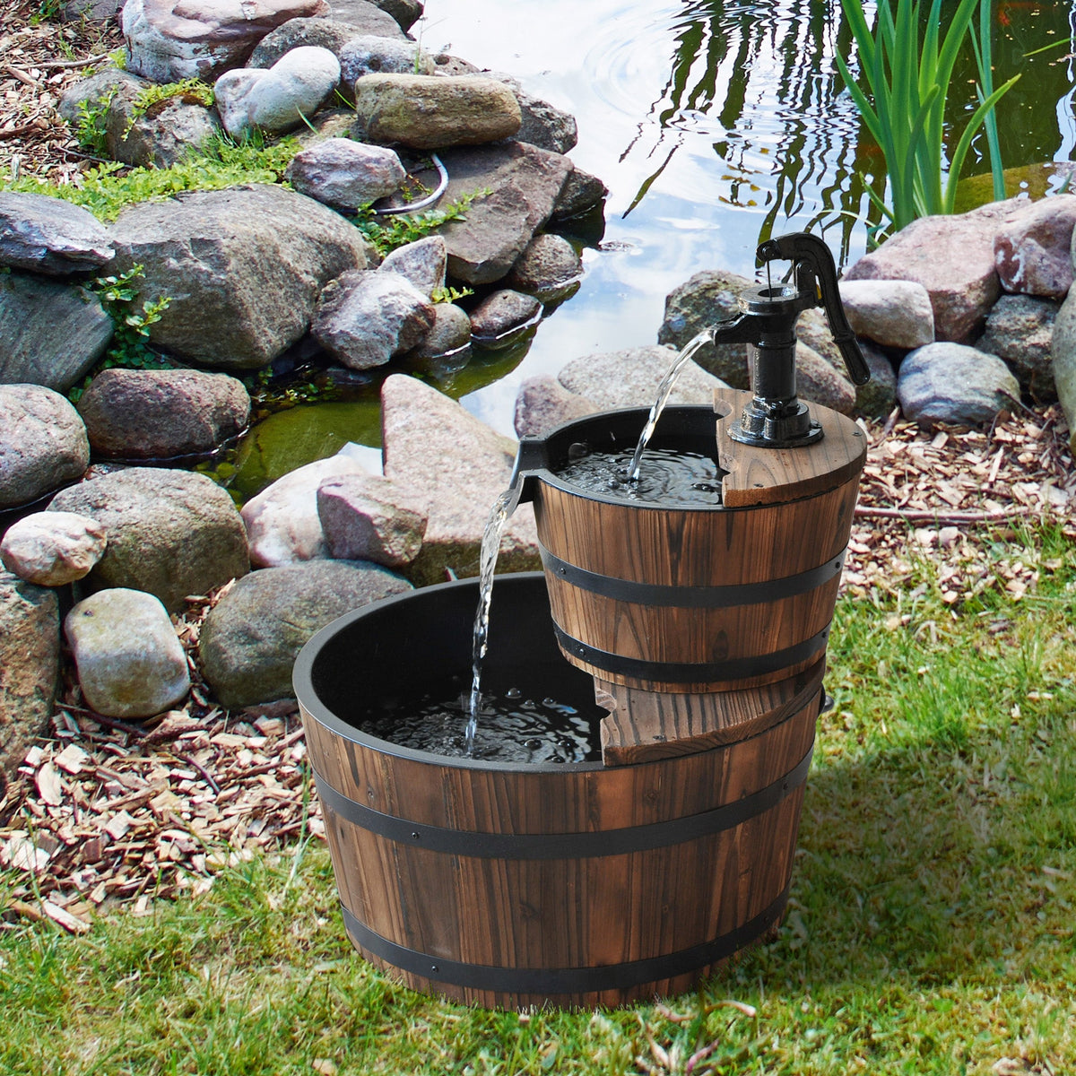 2-Tier Rustic Wood Barrel Outdoor Water Fountain with Pump, 23" - Rooted Supplies