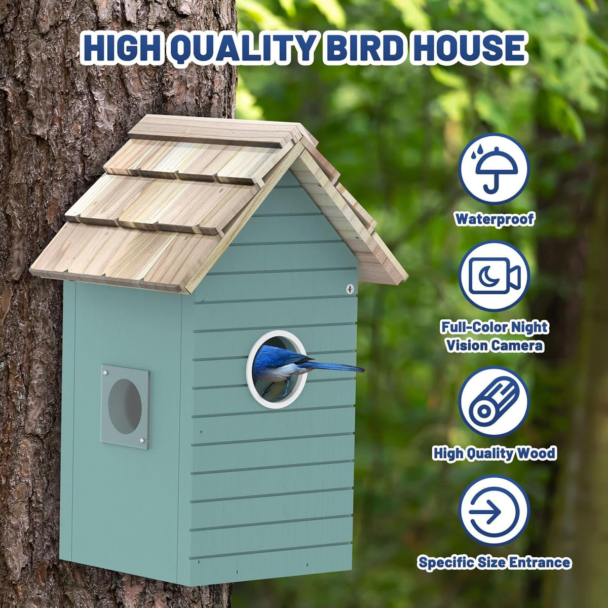Birdhouse on a tree with features highlighted, including waterproofing, night vision camera, high-quality wood, and specific size entrance.