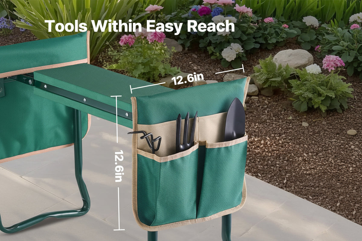Green gardening tool holder with measurements and VEVOR branding, set against a garden background.