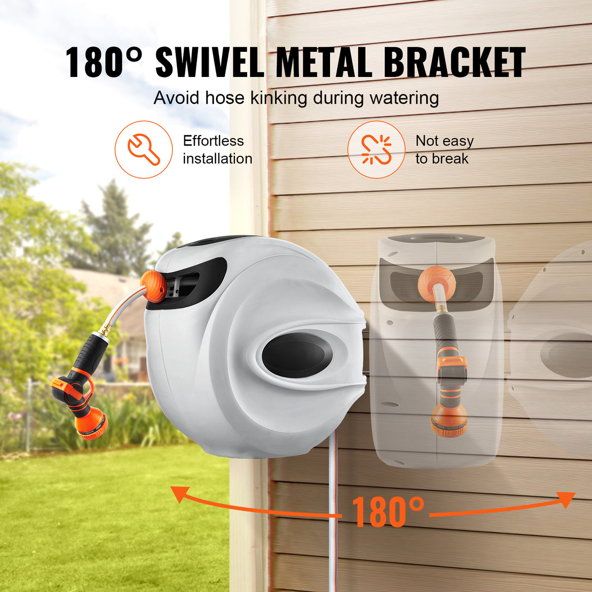 Garden hose swivel metal bracket with 180-degree swivel feature on a wooden wall background.