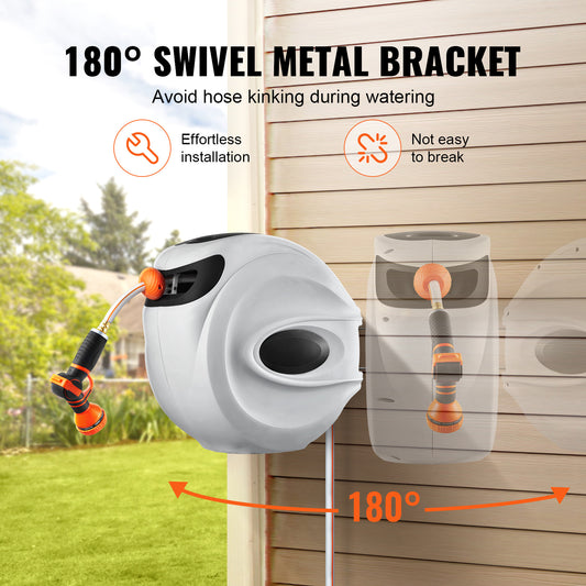 Garden hose swivel metal bracket with 180-degree swivel feature on a wooden wall background.