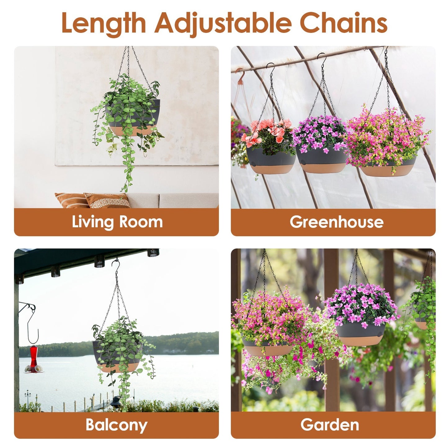 4-Pack 9.6" Hanging Planters with Self-Watering Trays - Grey Indoor Outdoor