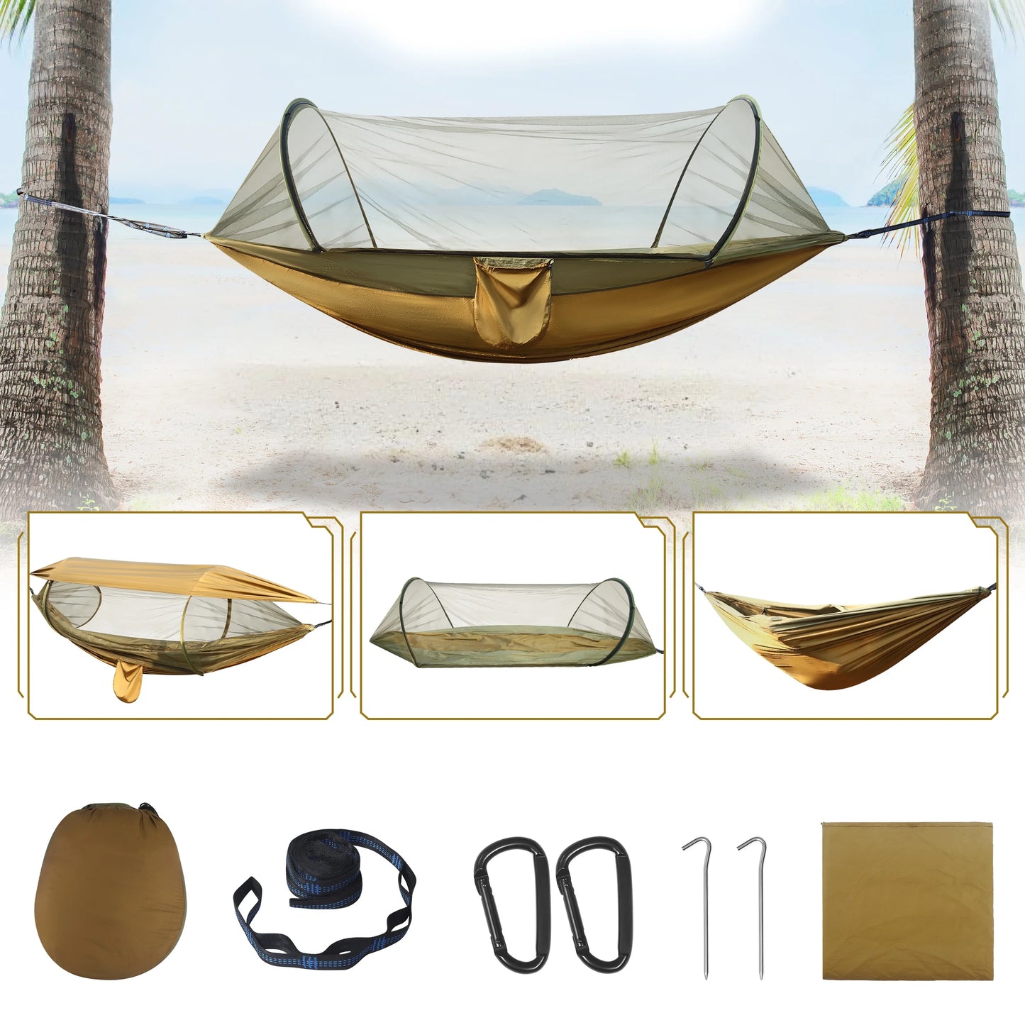 Camping Hammock, 4 in 1 Portable Hammock Tent, 2 Person Pop-Up Hammock with Mosquito Net & Sunshade Cloth & Tree Straps, 550Lbs Max Load Heavy Duty Tree Hammock for Outdoor Camping