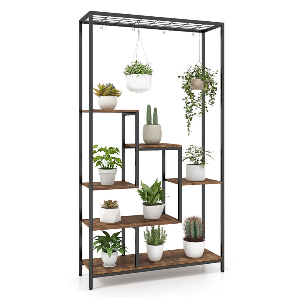6-Tier Corner Plant Stand with Hooks Tall Metal Shelf for Indoor Plants