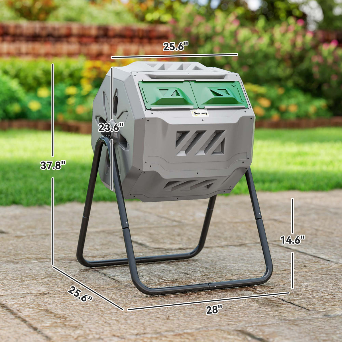 Composting bin with dimensions displayed outdoors on a patio